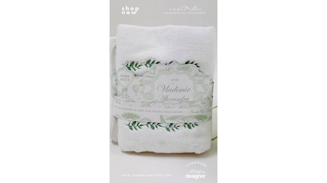 Set prima băiță Green Safari personalizat băiat ritual după botez cu nașii 8